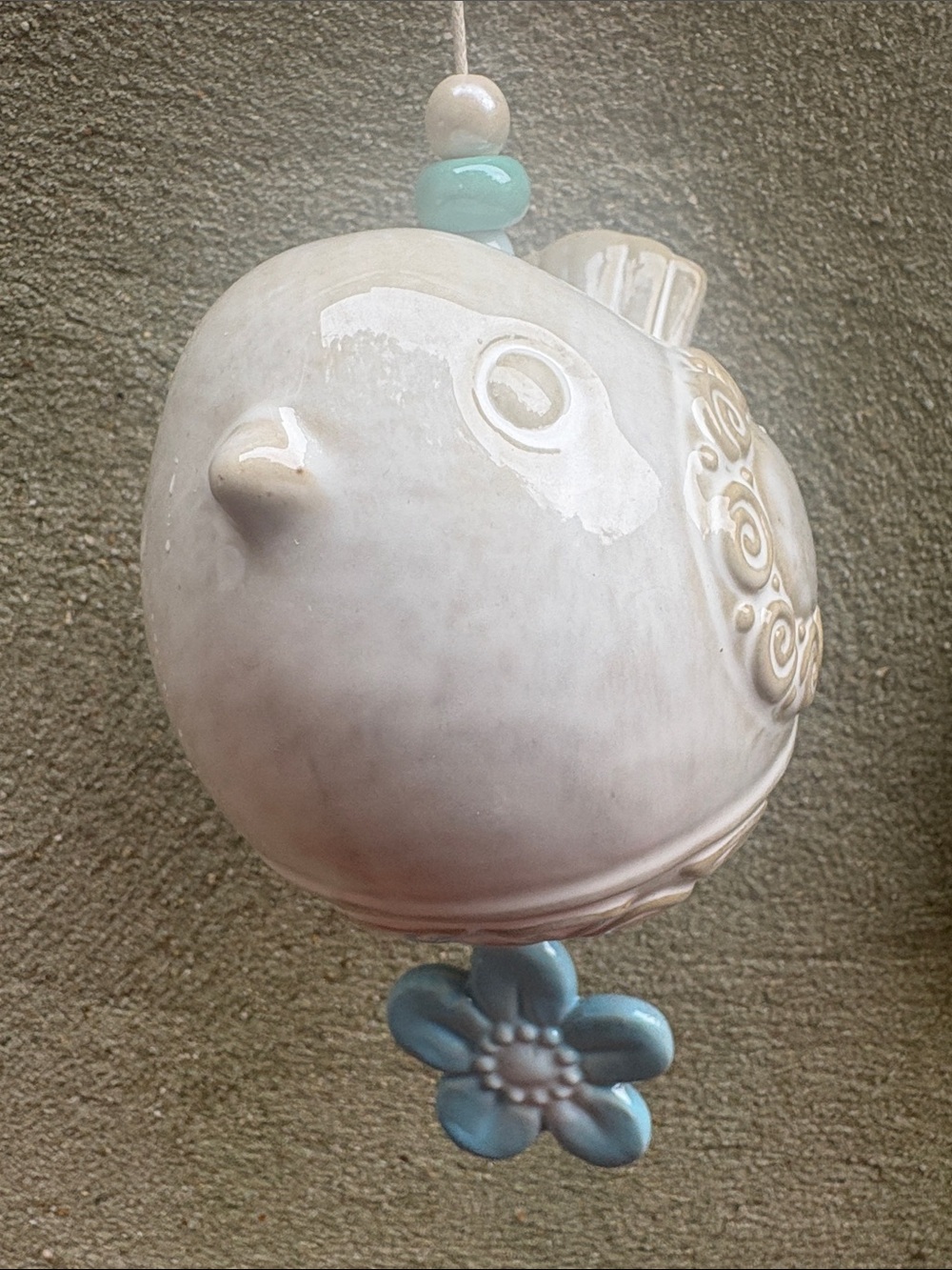 Ceramic Hanging Bird Wind Chime with Blue Flower - Picture 4 of 8
